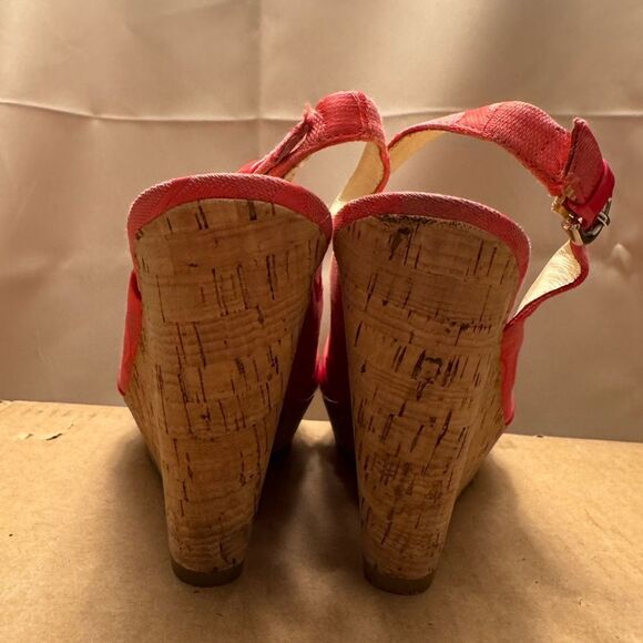 Coach Coral Orange Peep Toe Slingback Wedge Sandals 6.5 Cork Patent leather Logo - Picture 5 of 14